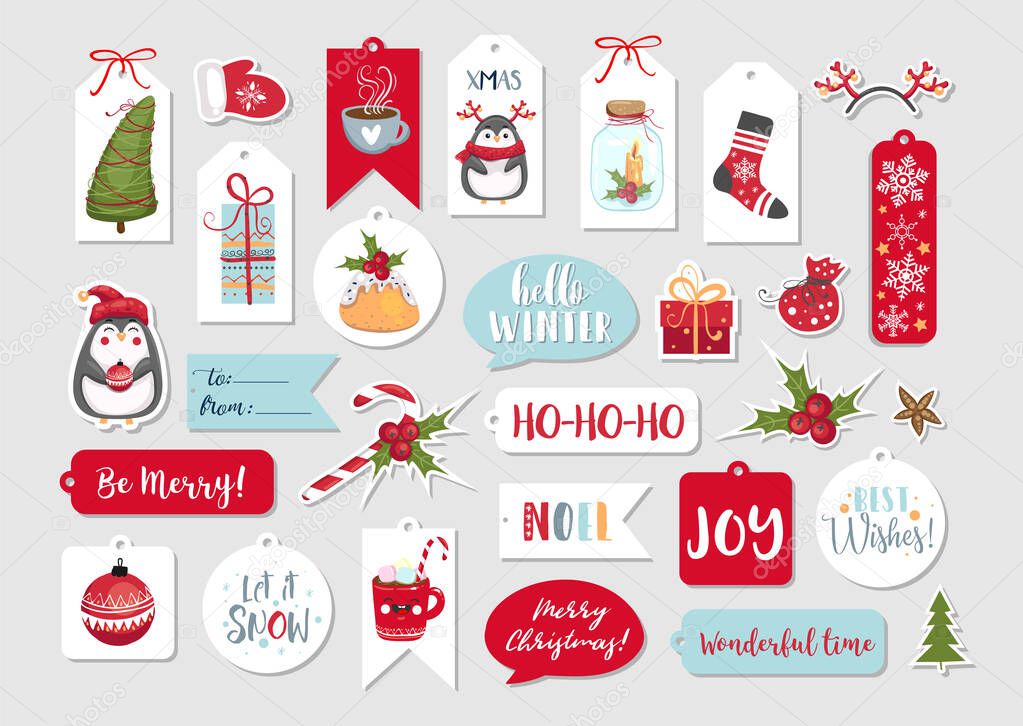 Abstract printable tags collection for Christmas, New Year. Advent calendar. Vector illustration. Merry Holidays