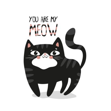 Kara kedi karakter tasarımı, Kawaii tarzı. Vektör EPS 10.