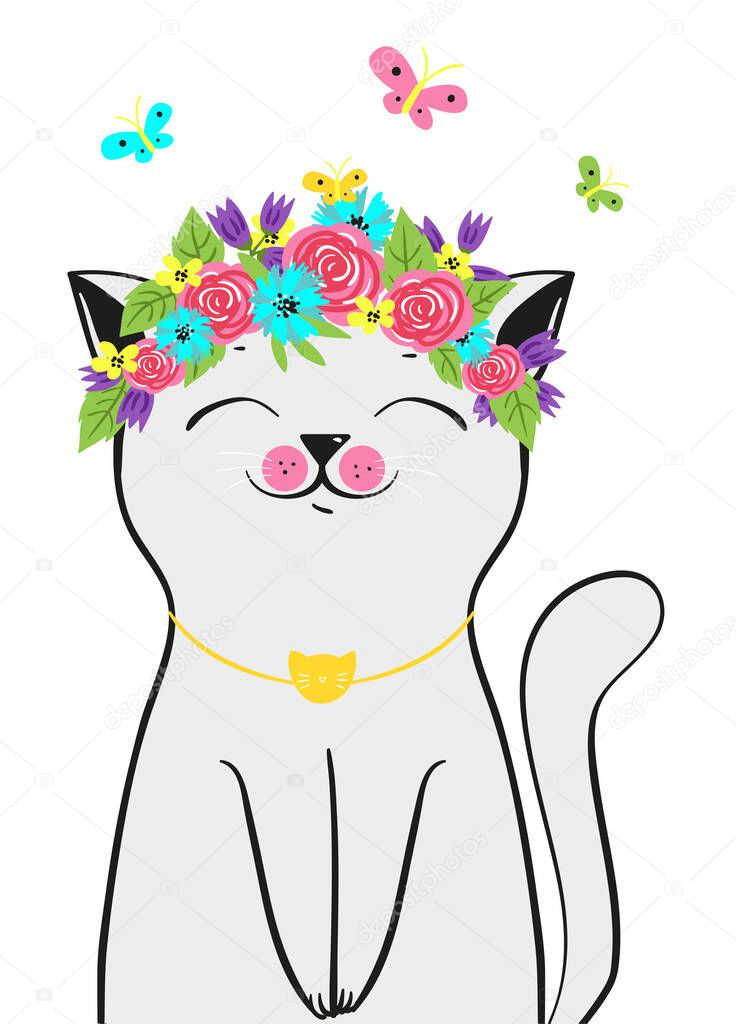 Cute smiling cat with flowers wreath on head, colorful butterfly