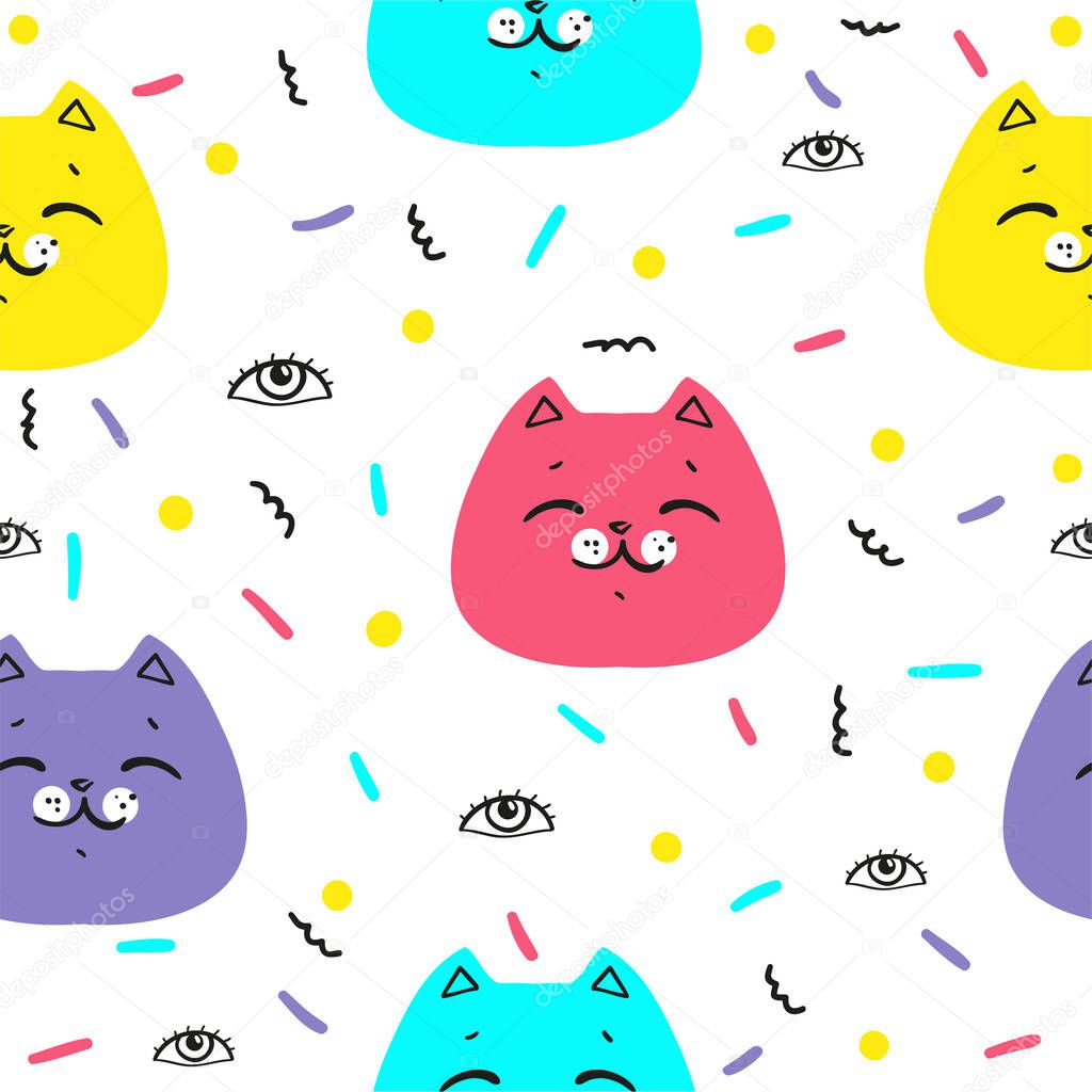 Funny cats cartoon seamless vector pattern. Cute wallpaper