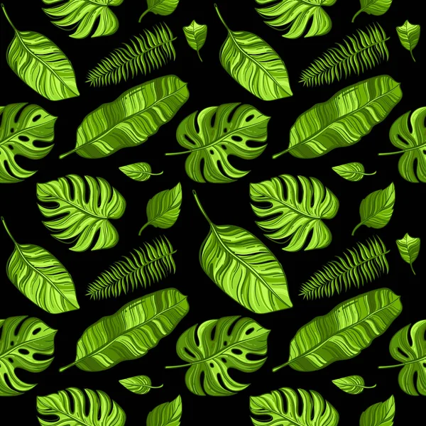 Patrón sin costura vector tropical con hojas de palma exóticas sobre fondo negro  . — Vector de stock