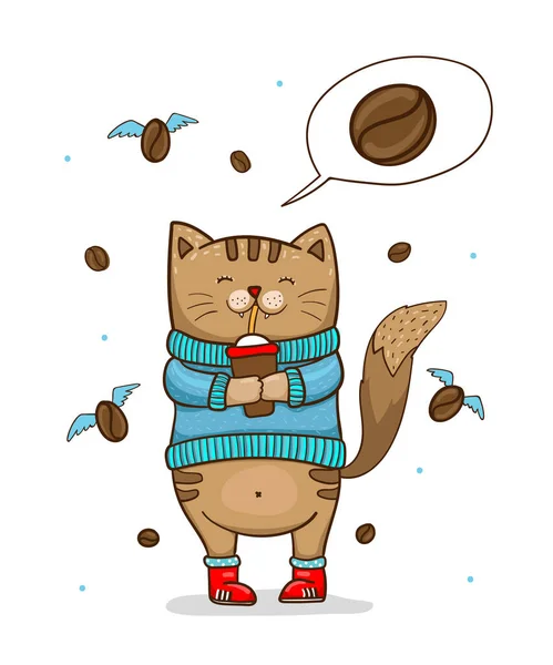 Cute cat in blue sweater with cup of coffee on white background — Stock Vector