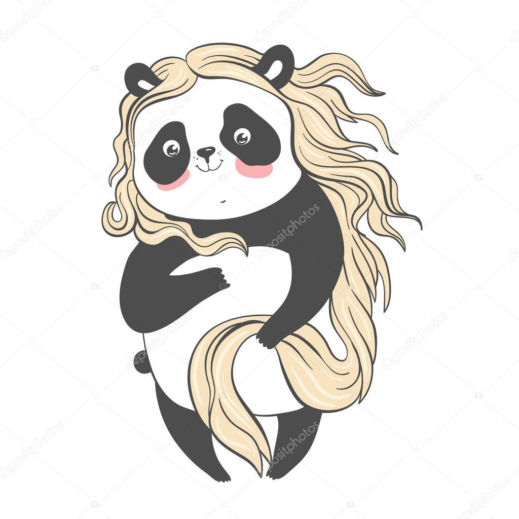 Panda Venus in doodles style. Panda with long blonde hair. Vector illustration EPS10
