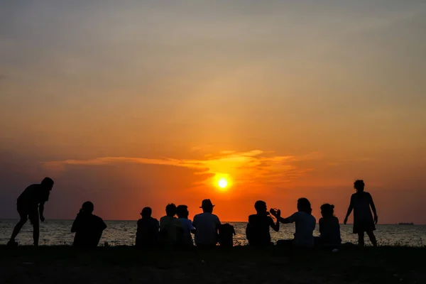 Silhouette People Family Pet Meeting Beach Sea Sand Sunset Background — Stock Photo, Image