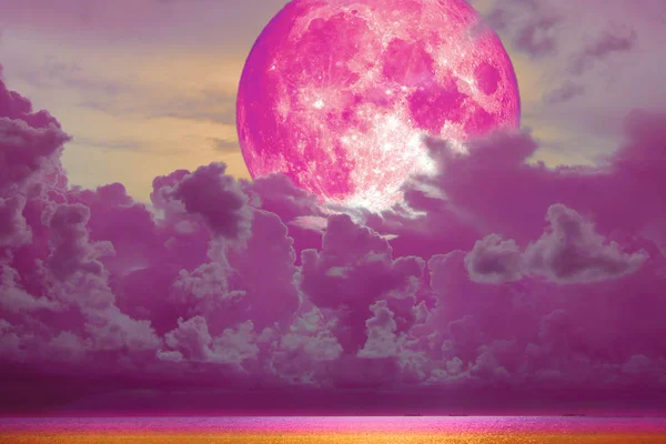Super Luna Rosa Llena Nuevo Magenta Nube Sobre Mar Elementos — Foto de Stock