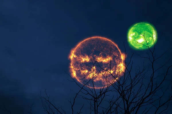 Halloween Sol Verde Orbe Volta Silhueta Árvore Céu Noturno Elementos — Fotografia de Stock