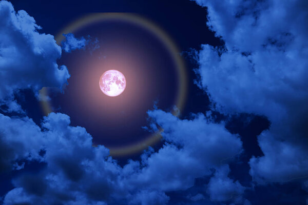 Full pink moon halo, moon and colorful ray back night cloud, Elements of this image furnished by NASA