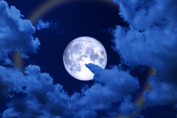 Full blue moon halo, moon and colorful ray back night cloud, Elements of this image furnished by NASA
