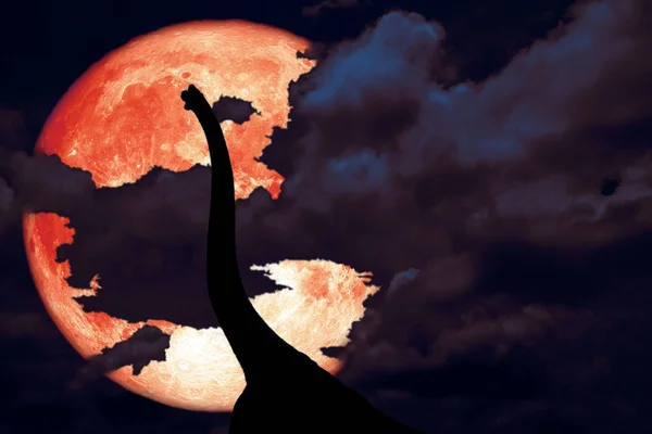 Luna Sangue Rossa Indietro Silhouette Dinosauro Antico Parco Notte Buia — Foto Stock