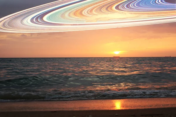 sunset and saturn ring on horizontal sea water surface colorful cloud sky, Elements of this image furnished by NASA
