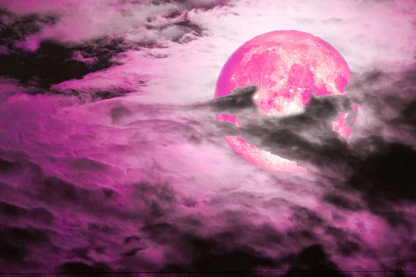 pink moon back on silhouette colorful heap cloud on night sky, Elements of this image furnished by NASA