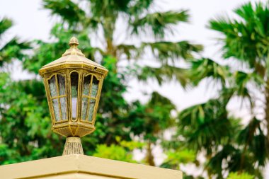 Arka bahçe evi çit ve yeşil ağaçlar üzerinde modern lambalar