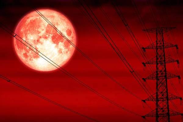 Blutmond Silhouette Macht Strommast Und Elektrische Linie Himmel Elemente Dieses — Stockfoto