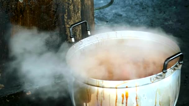 Frango fervido com molho de peixe em grande panela de alumínio no rural da Tailândia câmera lenta — Vídeo de Stock