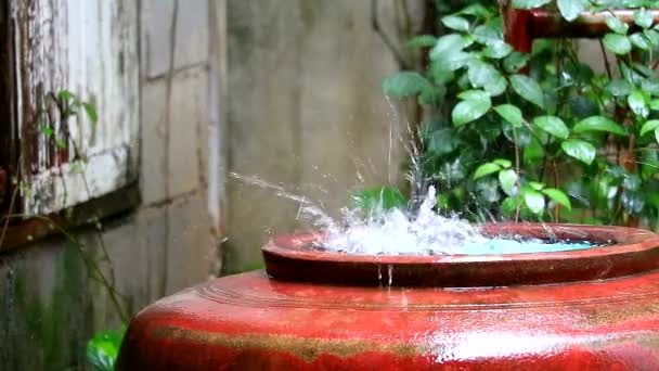 Gota de lluvia al frasco de agua grande para usar en la estación seca en las zonas rurales de Tailandia — Vídeos de Stock