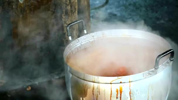 Pollo hervido con salsa de pescado en una olla grande de aluminio en la zona rural de Tailandia — Vídeo de stock