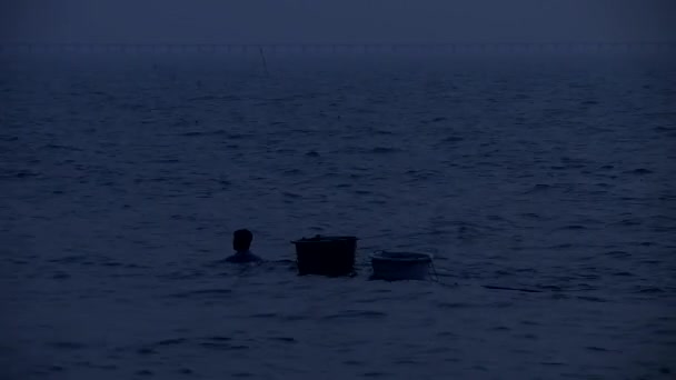 Mann schleppt zwei Becken mit feinen Meeresfrüchten nach Sonnenuntergang — Stockvideo