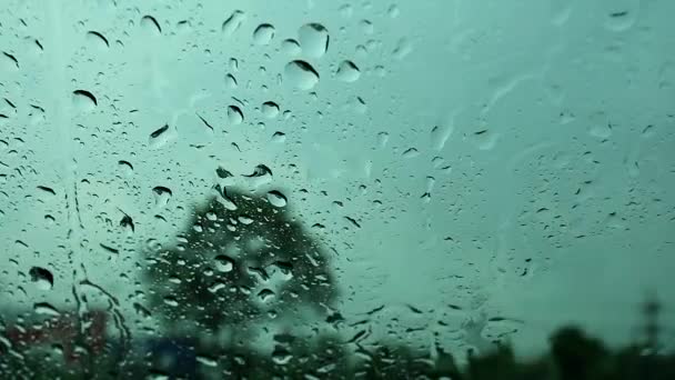 Driver parkering bil bredvid väg eftersom regn droppe tung vind och oskärpa träd utanför — Stockvideo