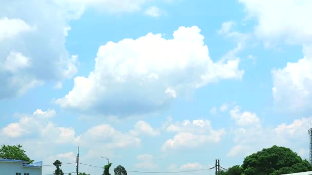Céu azul nuvem branca movendo-se pelo vento sobre lapso de tempo rural — Vídeo de Stock