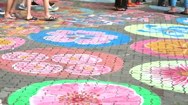 Pavimentación ladrillos piso caminar camino fue pintura color flor — Vídeos de Stock