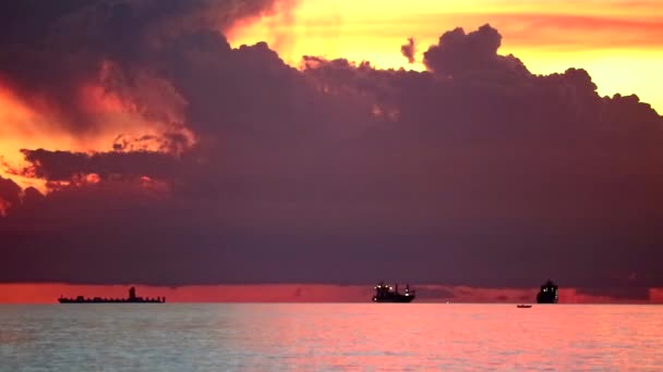 Ufuk çizgisi ve kırmızı bulut günbatımı gökyüzünde siluet kargo gemisi — Stok video
