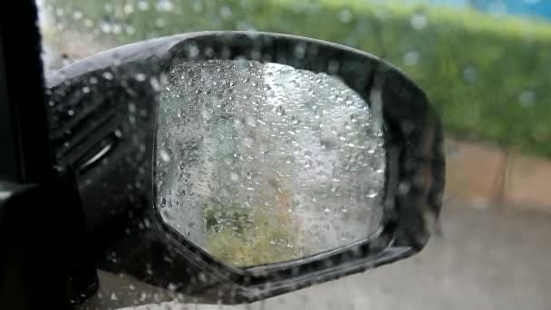Driver parking auto omdat kan niet kijken Side Mirror en auto Shake door zware wind1 — Stockvideo