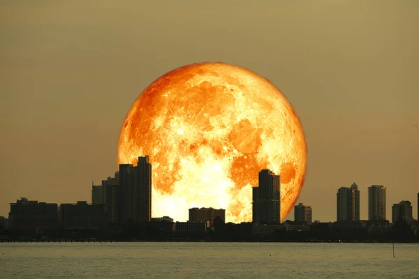 Супер кровь Хай Луна планеты обратно силуэт города и ночного неба — стоковое фото