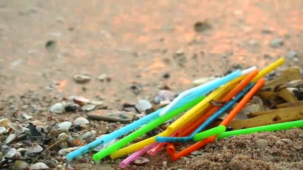 Matahari terbenam di laut dengan banyak jerami yang tersisa di pantai dan gelombang meniup mereka ke laut — Stok Video