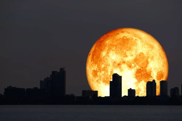 Супер кровь Хай Луна планеты обратно силуэт города и ночного неба — стоковое фото