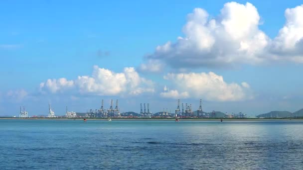 Seaport and fishing boat parking on sea bird flying blue sky white cloud background — Stock Video