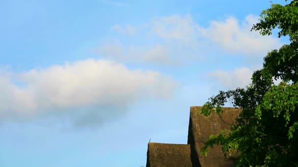 Weiße und graue Wolken am Himmel ziehen am Baum vorbei und verlassen das Dach — Stockvideo