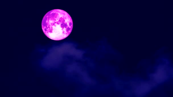Celý růžový měsíc pohybující se kolem mraku na temné noční obloze — Stock video