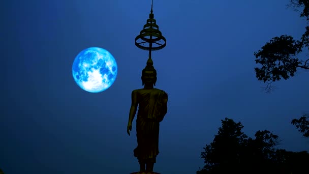 Azul cosecha luna moviéndose en la noche cielo y silueta buddha — Vídeo de stock