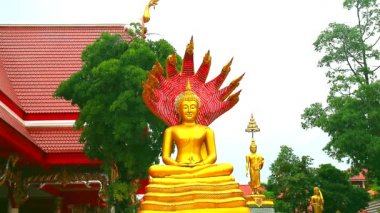 Altın Buda, Chonburi Tayland 'daki Budist tapınağında, Naga 7' nin üzerinde oturuyor.