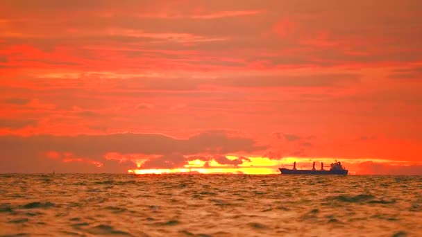 Стоянка грузового судна на море и красное облако на закате — стоковое видео