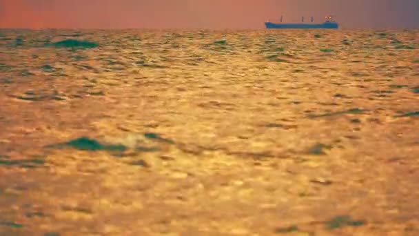 Estacionamiento de buques de carga en el mar y borrosa onda de primer plano en la superficie — Vídeos de Stock