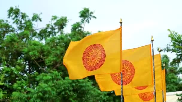 Желтый флаг имеет колесо Дхаммакай. Является символом буддизма, машущего по ветру — стоковое видео