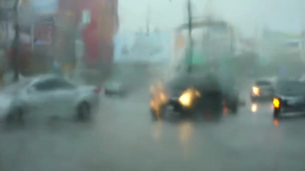 Regen druppel en zware wind wazig boom, Kijken uit het raam van de auto is slecht zichtbaar1 — Stockvideo