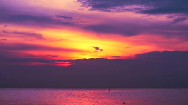 夕阳西下，深紫色的红云飘落在海面上，橙色的天空映衬着 — 图库视频影像