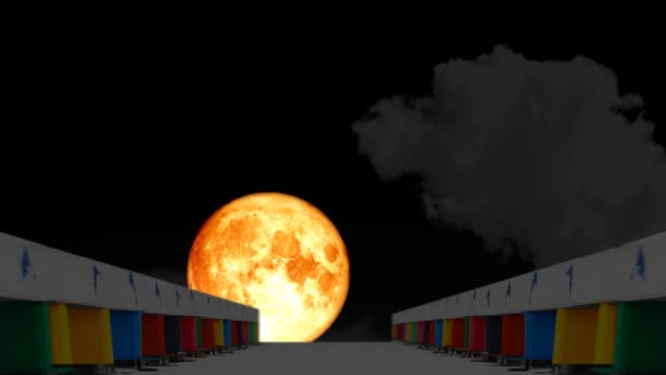 Luna de sangre moviéndose hacia atrás en el cielo nocturno y borrosa nube oscura pasando por el puente del arco iris — Vídeos de Stock