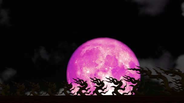 Super růžový jahodový měsíc zpět na noční obloze a rozmazaný tmavý mrak pohybující se průchod na střeše — Stock video