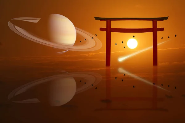 Saturno Sobre Torii Por Sol Cometa Tinha Queda Silhueta Aves — Fotografia de Stock