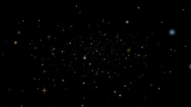 Derin uzay altın kar ve buz yıldızı tozu yavaşça süzülüyor ve siyah ekranda soluyor.