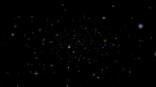 Nieve de oro del espacio profundo y polvo de estrellas de hielo flotando lentamente y se desvaneció en la pantalla negra — Vídeo de stock