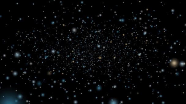 Zoom σε βαθύ διάστημα χρυσό χιόνι και σκόνη αστέρι επιπλέουν αργά και ξεθωριασμένα στη μαύρη οθόνη — Αρχείο Βίντεο