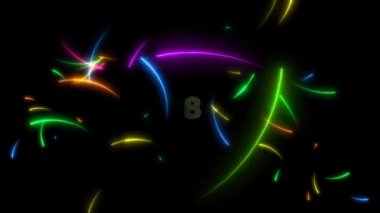 Tüm gökkuşağı neon okları siyah ekran üzerinde rastgele hareket eder ve geri sayım etkisi