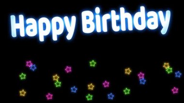 Mutlu yıllar gökkuşağı renkli ve büyük yıldızlar siyah ekranda dans ediyor