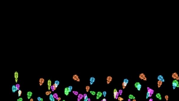 Веселка великі і малі ракети повільно літають на чорному екрані — стокове відео