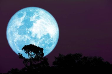 Gece gökyüzünde dolunay mavi ay ve siluet, NASA tarafından desteklenen bu görüntünün elementleri.