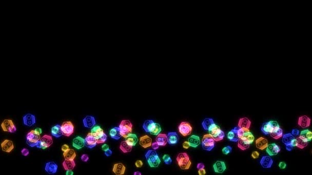 Regenbogen bunte große und winzige Roboterköpfe Leuchtreklame Elemente langsam tanzen auf schwarzem Bildschirm — Stockvideo